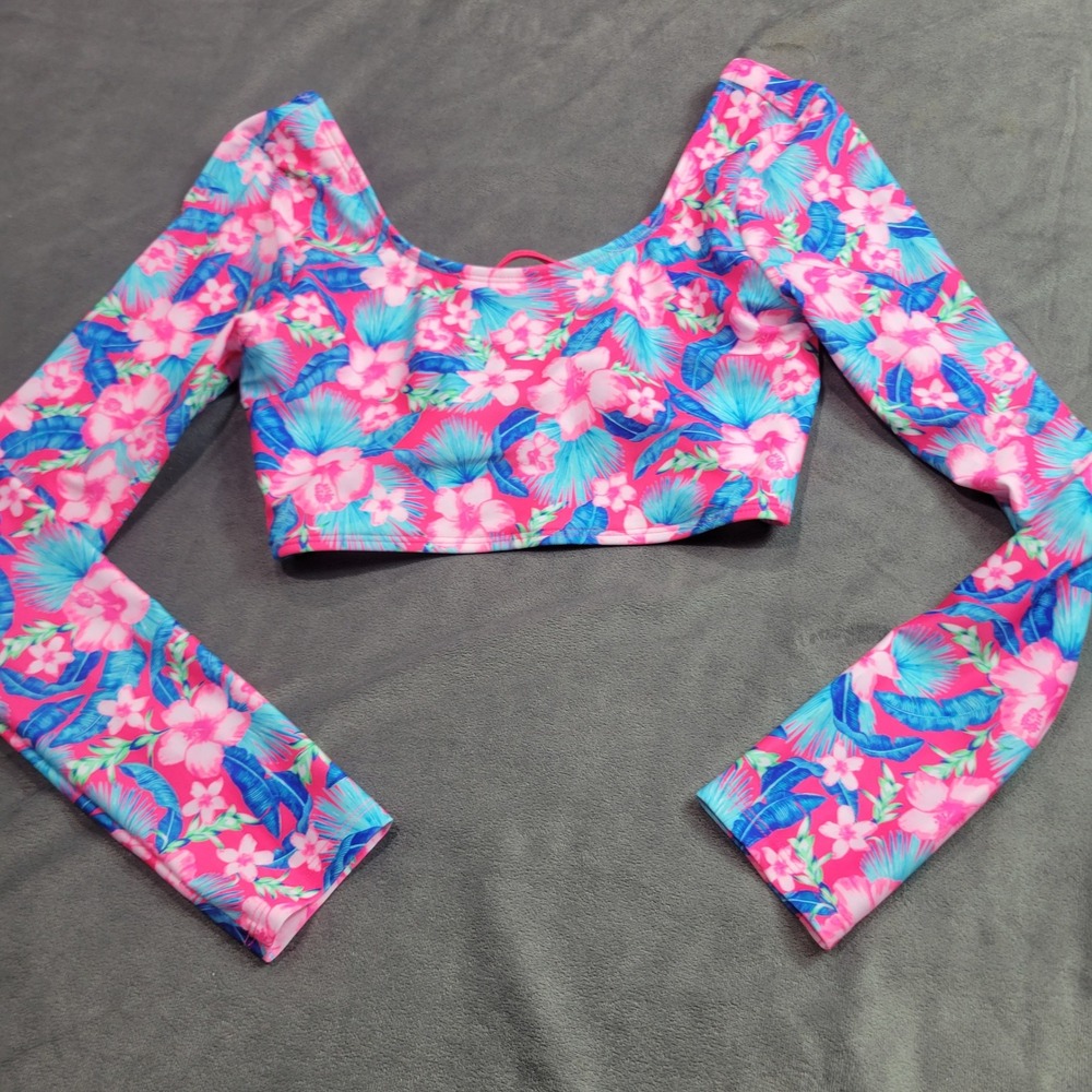 Art Class Girls XL 14 Tropical Floral Long Sleeve Bikini Top Pink Blue 222014967